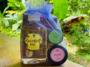 A gift basket from pure tree natural body products by Up in the Hill Chocolate farm and Eco Lodge in Bocas del Toro, Panama.