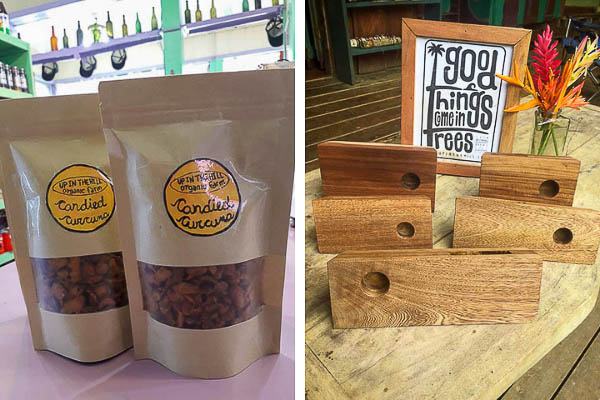 Homemade wood speaker boxes and fresh cacao nibs on Isla Bastimentos.