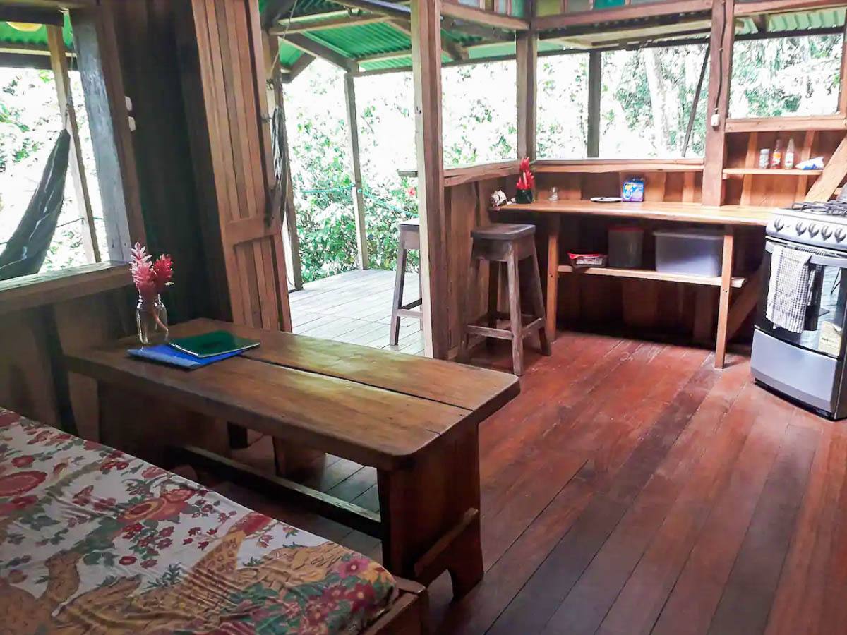 The kitchen and dining area of the Pantai Cabin